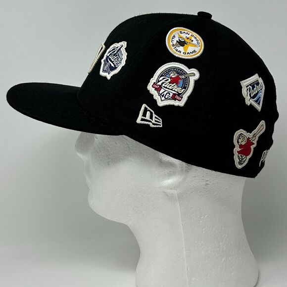 San Diego SD Padres Hat Baseball Cap Fitted 7 5/8 New Era Logo History Black - Picture 9 of 12